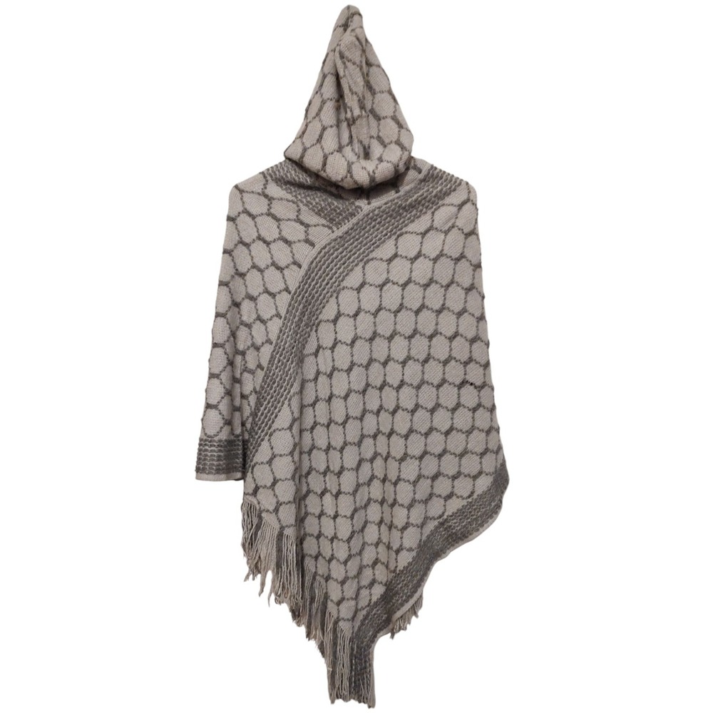 Bon‎ Voyage Hooded Poncho Sweater Gray Geometric Fringe One Size New With Tags - Picture 5 of 11